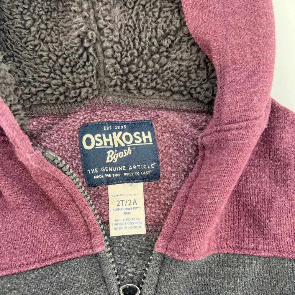 OshKosh B'gosh‎ Toddler 2T Sherpa Lined Hoodie Jacket Burgundy Gray Full Zip